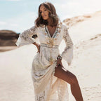 Woman wearing a beige lace long sleeve maxi dress - outdoor desert campaign style photo