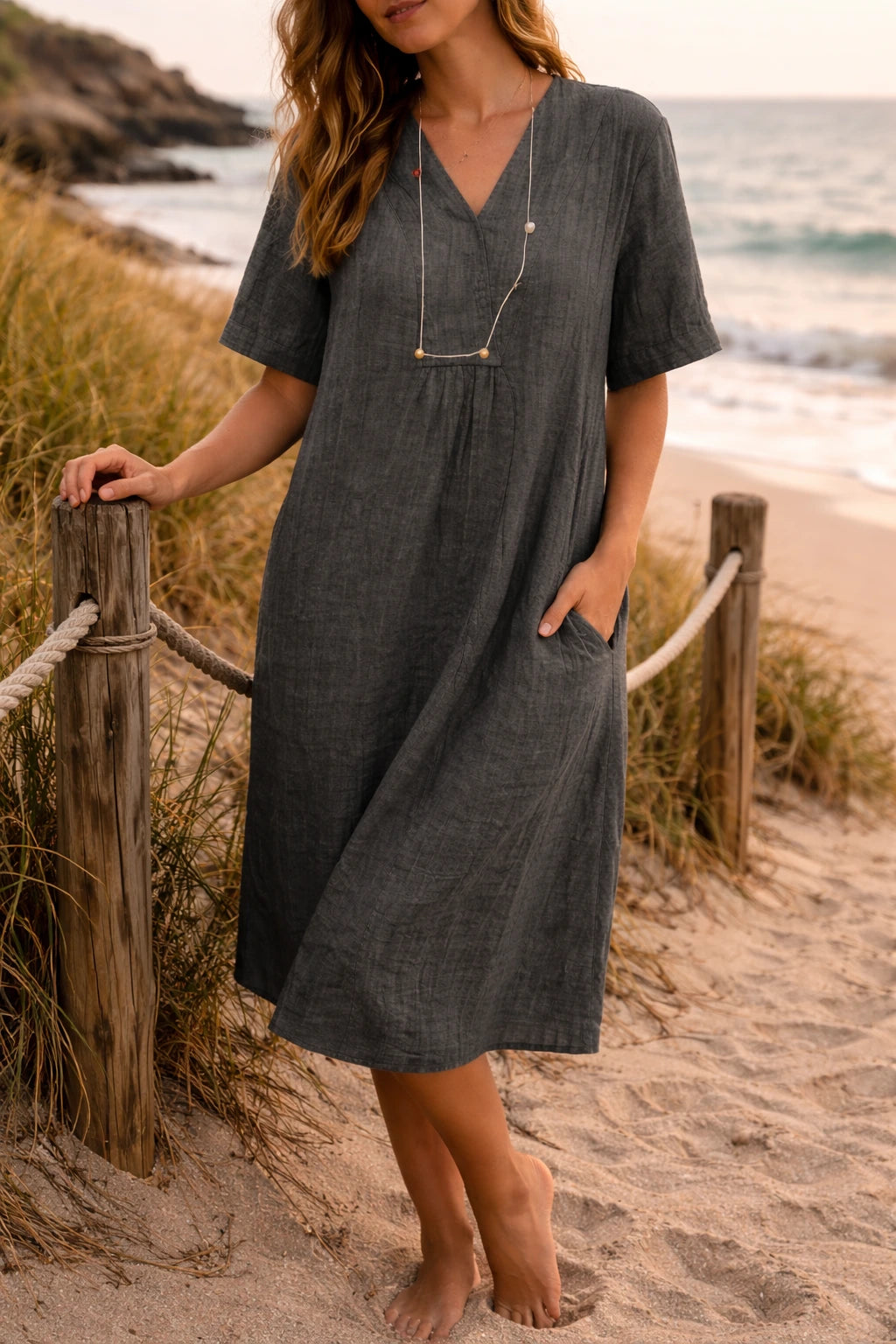 Woman wearing a black linen v-neck relaxed midi dress - lifestyle photo