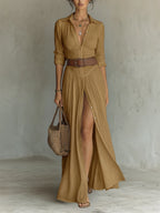 Woman wearing a brown long sleeve collared dress - lifestyle photo