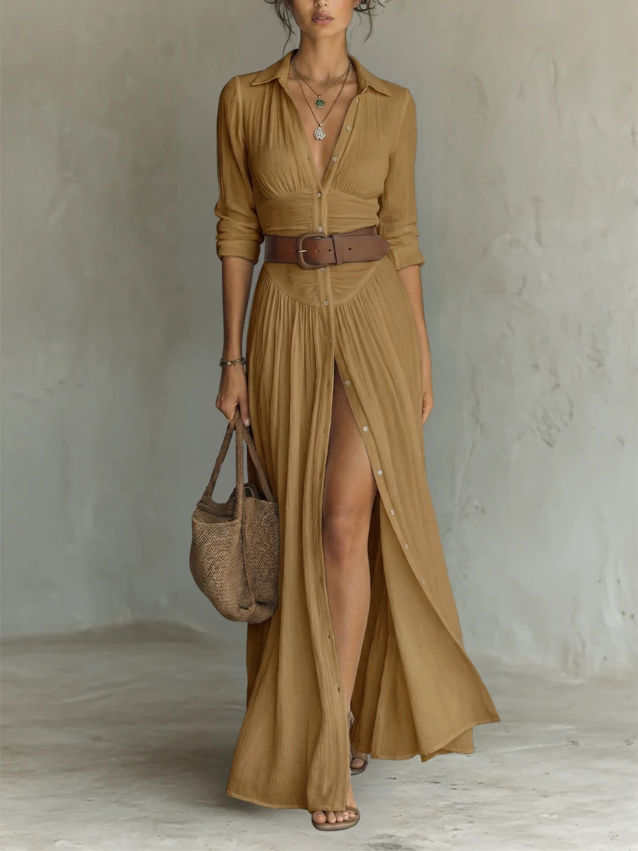 Woman wearing a brown long sleeve collared dress - lifestyle photo