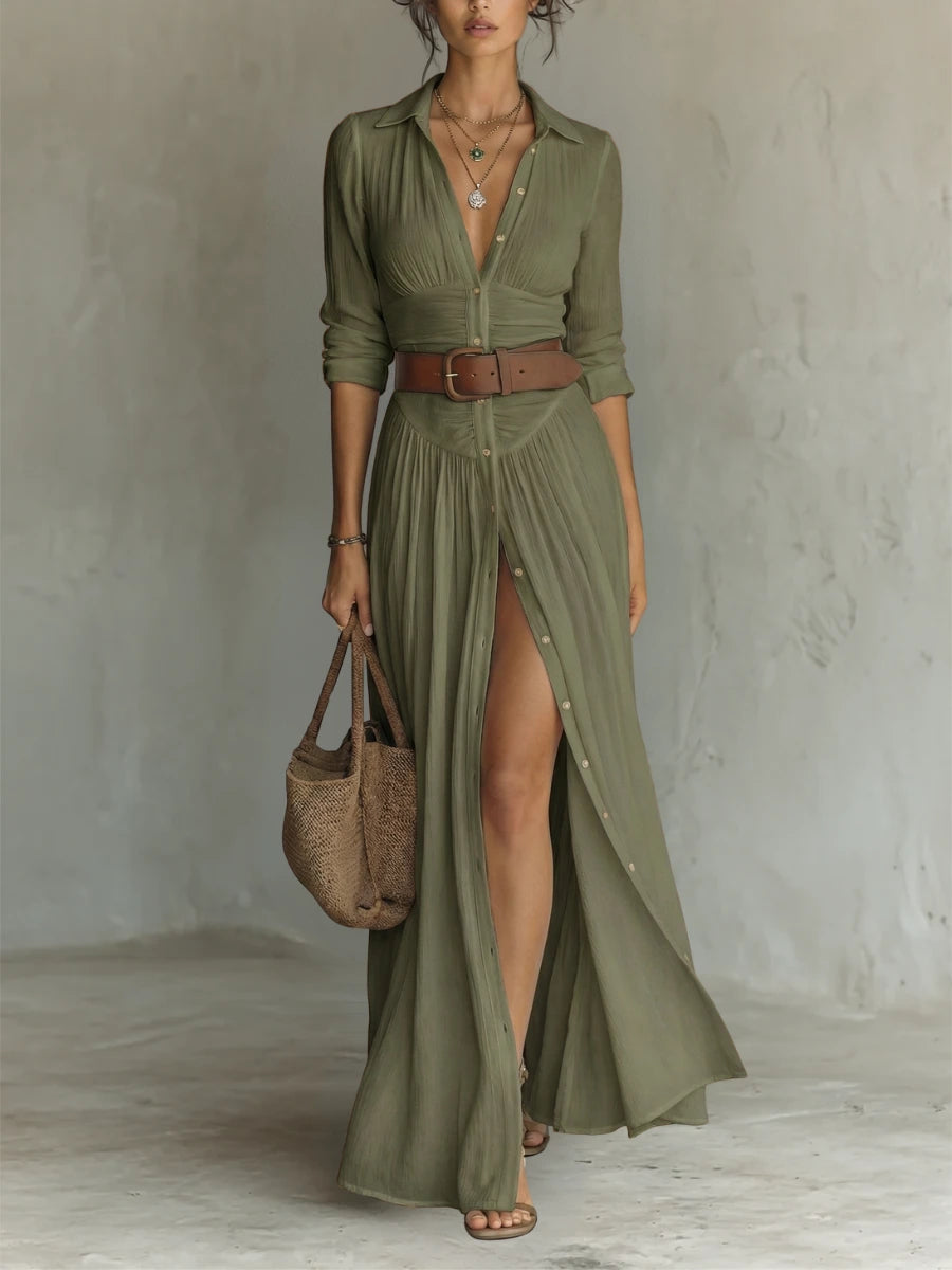 Woman wearing a green long sleeve collared dress - lifestyle photo