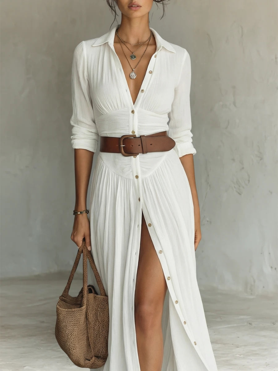 Woman wearing a white long sleeve collared dress - lifestyle photo