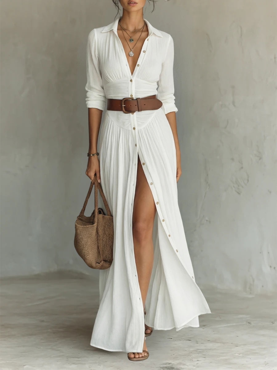 Woman wearing a white long sleeve collared dress - lifestyle photo
