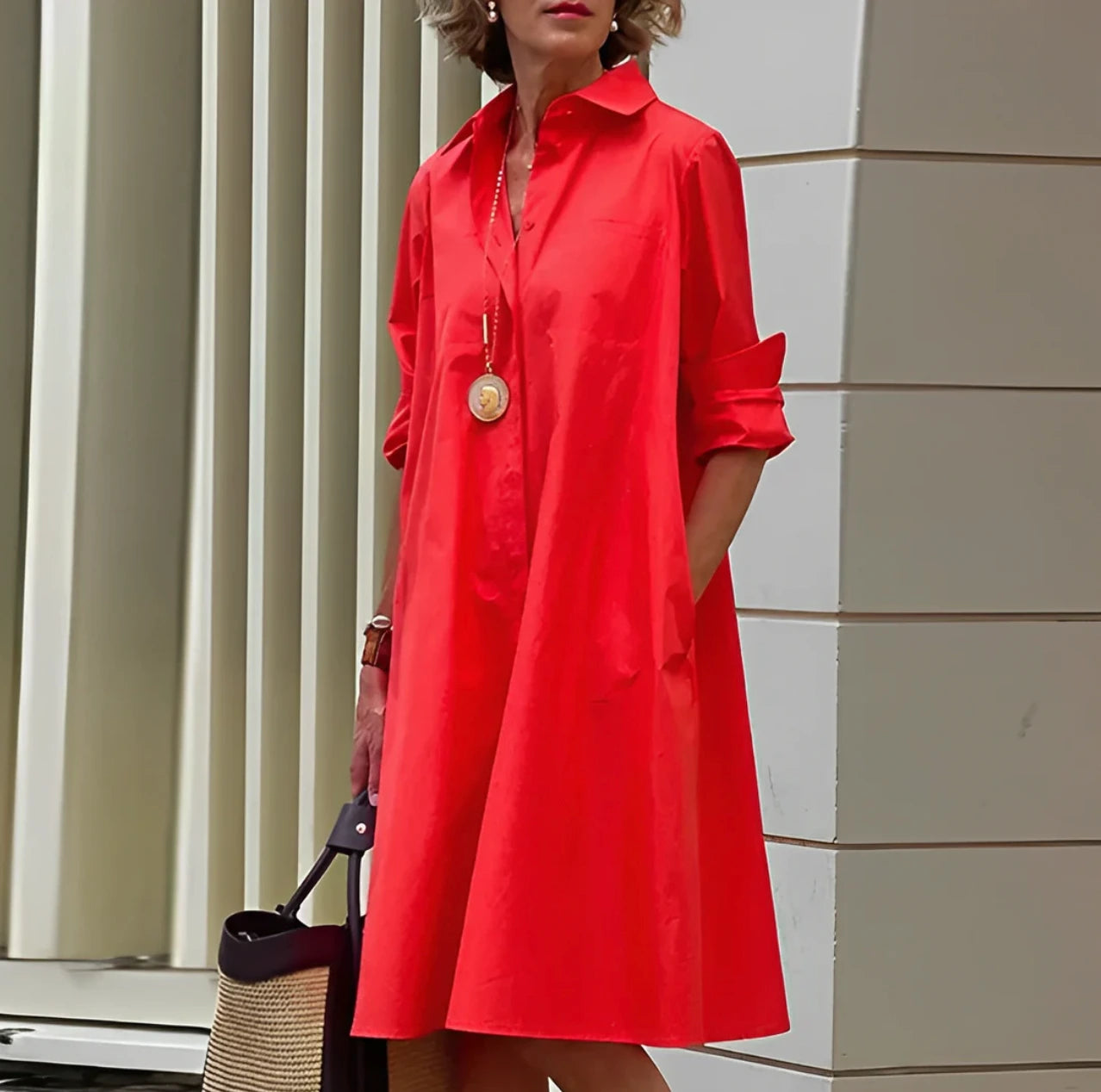 Woman wearing a red long sleeve midi dress - outdoor lifestyle photo