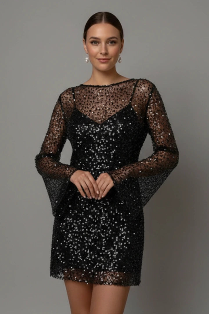 Woman wearing a black mesh overlay sleeveless mini dress - lifestyle photo
