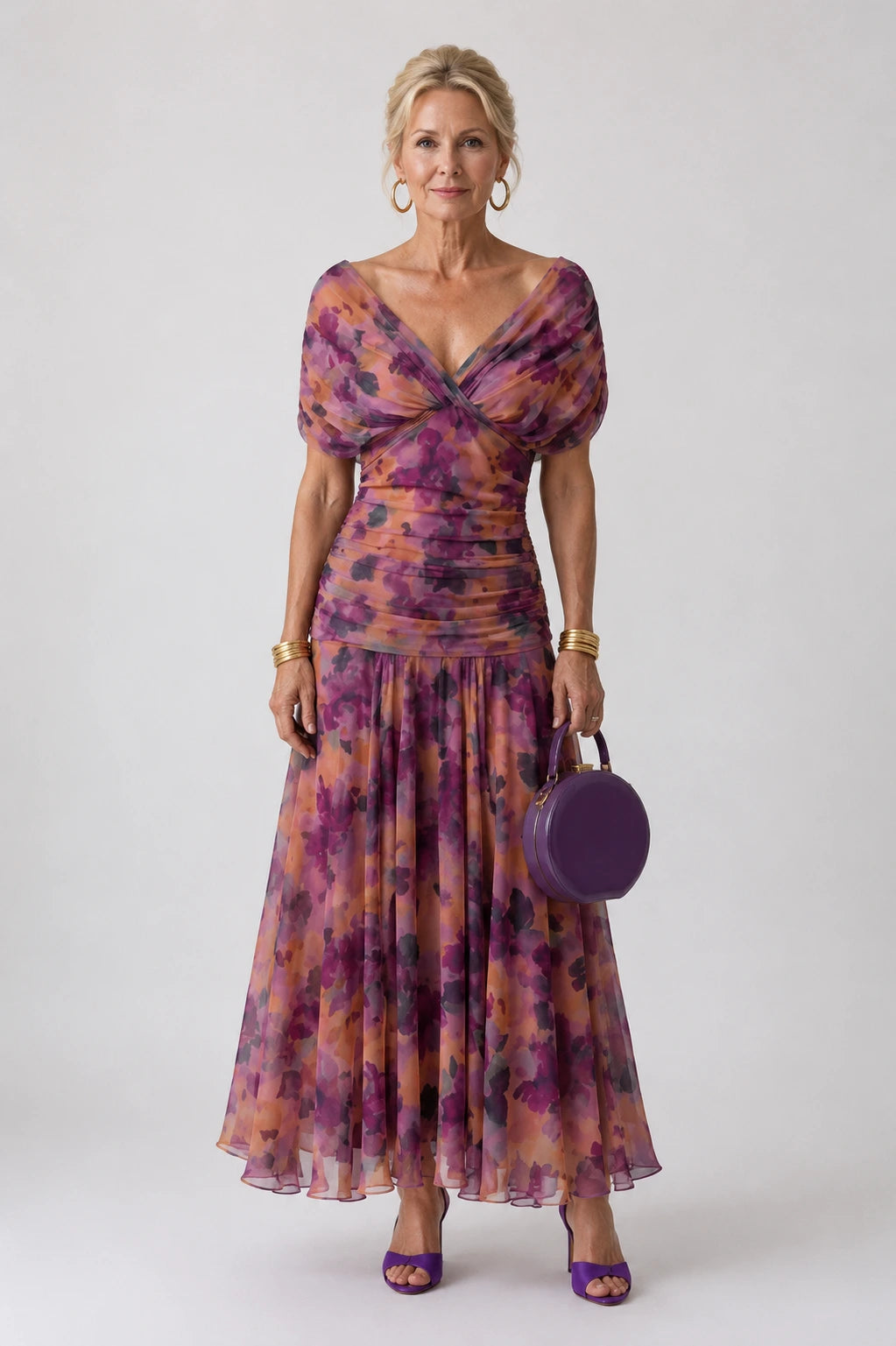 Woman wearing a brown off-shoulder draped midi dress - studio photo