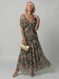 Woman wearing a brown off-shoulder draped midi dress - studio photo