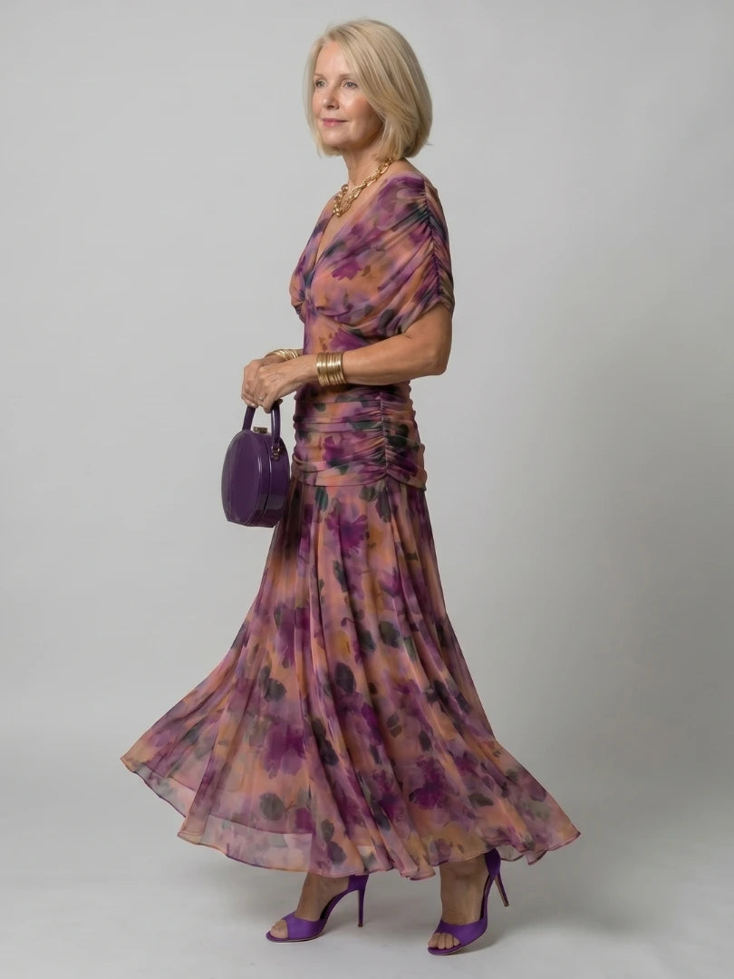 Woman wearing a red off-shoulder draped midi dress - editorial style photo