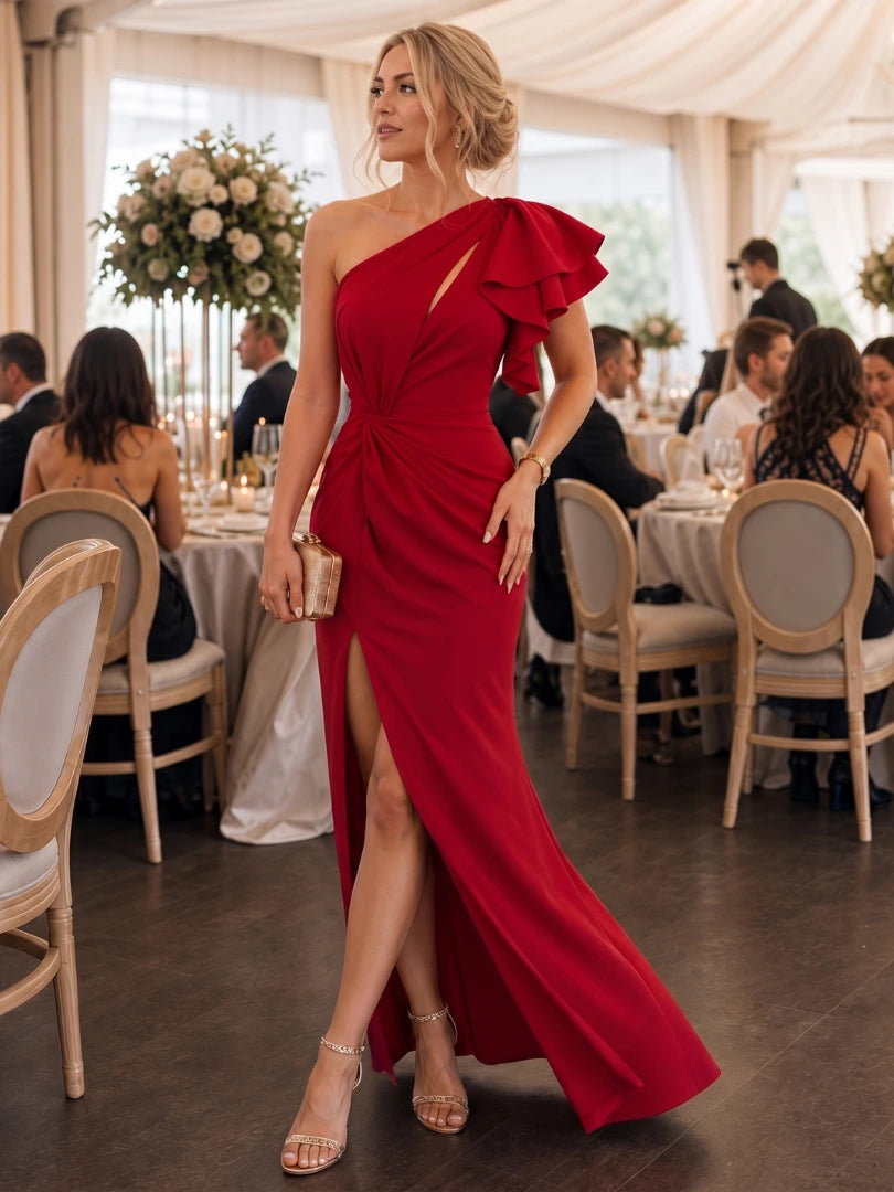 Woman wearing a red one shoulder draped midi dress - editorial style photo