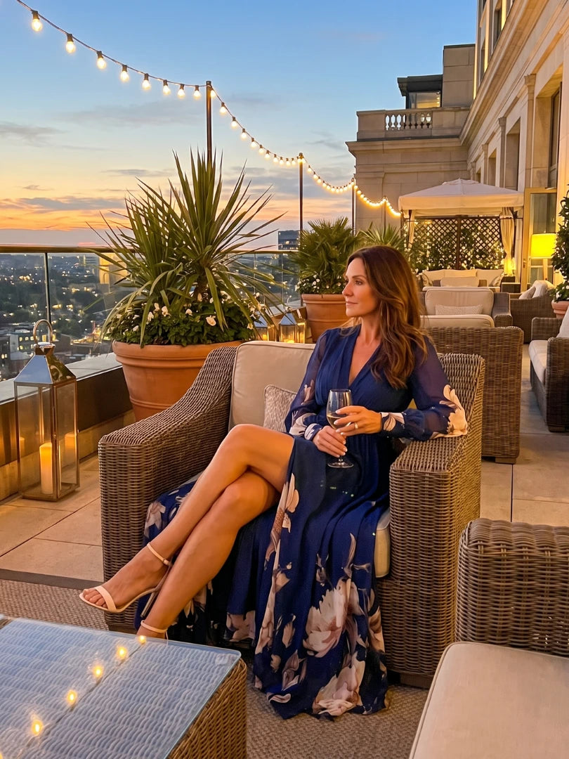 Woman wearing a navy pleated sheer sleeves maxi dress - editorial style photo