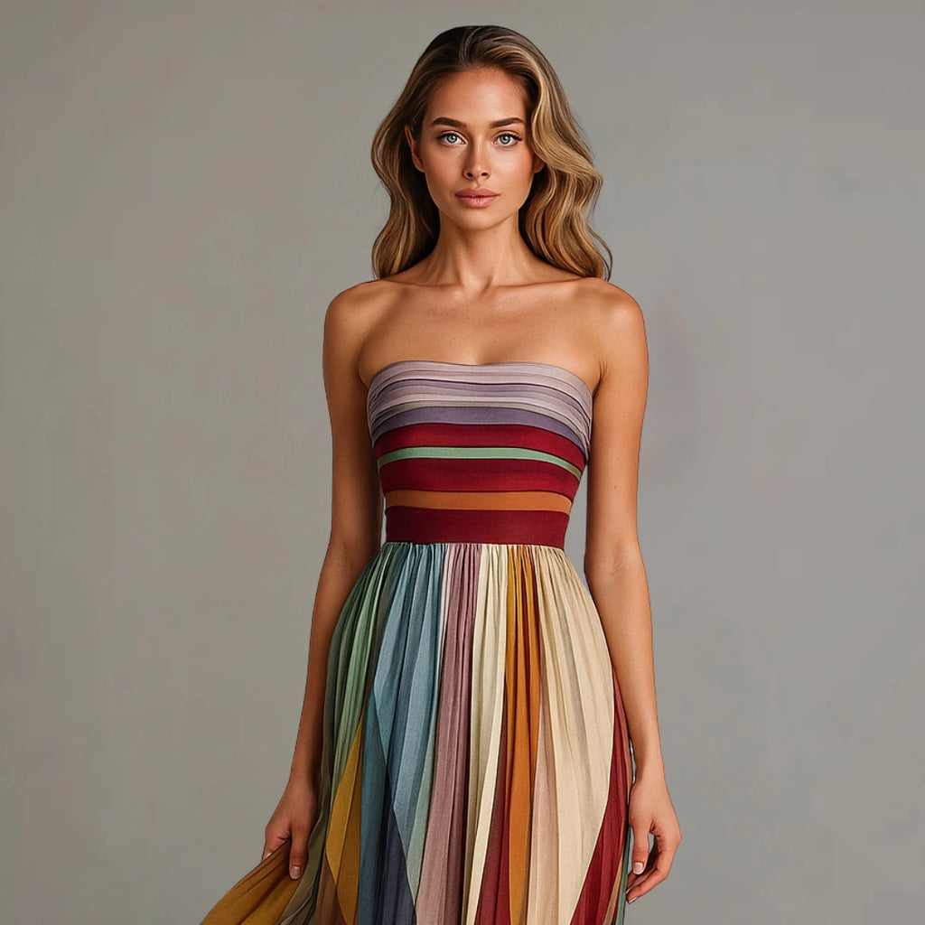 Woman wearing a multicolor relaxed fit maxi dress - studio photo