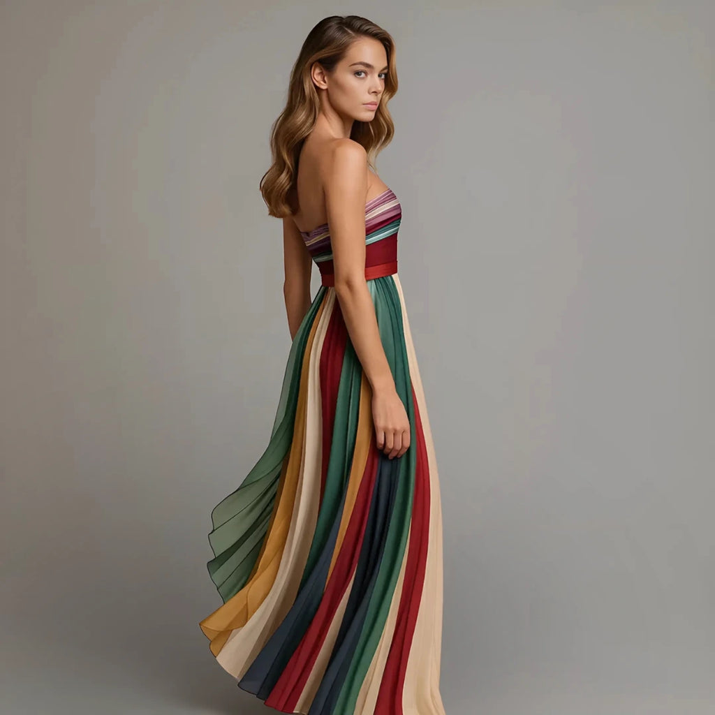 Woman wearing a multicolor relaxed fit maxi dress - studio photo