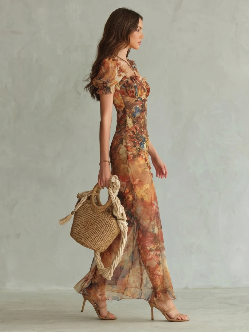 Woman wearing a multicolour ruffled sleeve ruched slit midi dress - studio photo