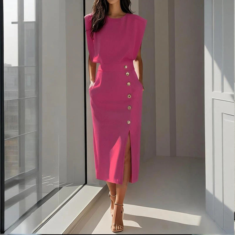 Woman wearing a hot pink side button midi split hem dress - lifestyle photo