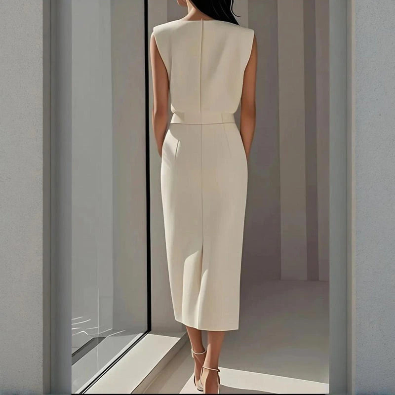 Woman wearing a white side button midi split hem dress - lifestyle photo