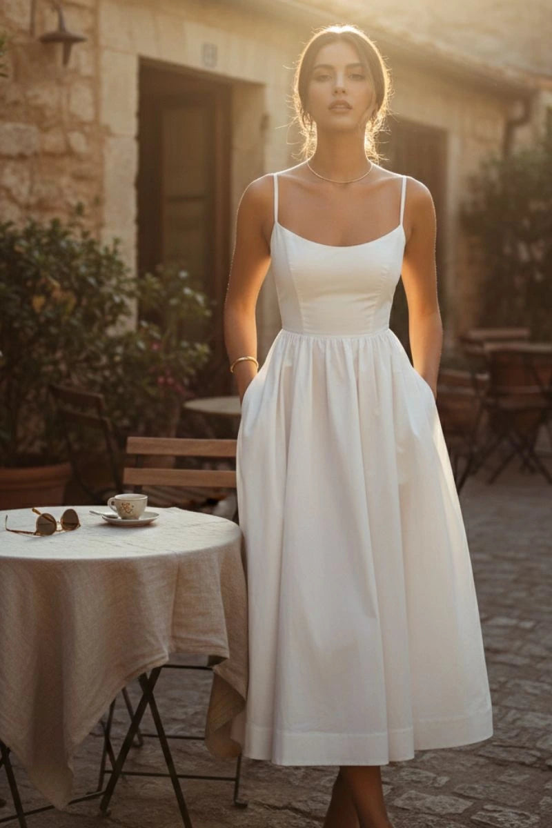 Woman wearing a white sleeveless cocktail midi dress - outdoor lifestyle photo