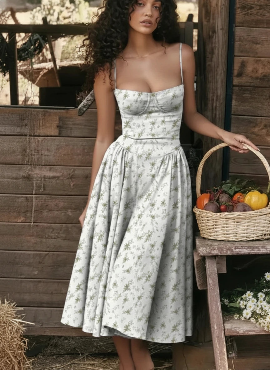 Woman wearing a grey sleeveless corset style midi dress - studio photo