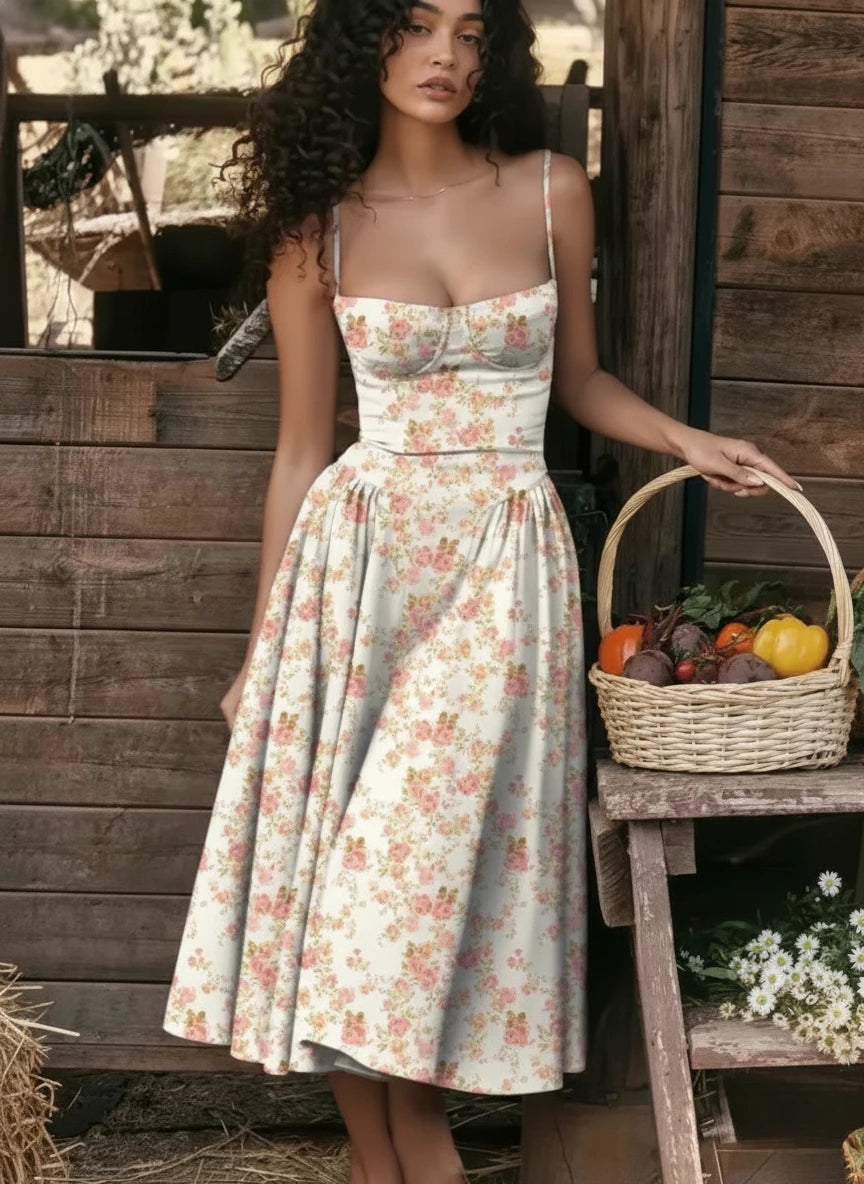 Woman wearing a pink sleeveless corset style midi dress - studio photo