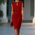 Woman wearing a red sleeveless elegant midi dress - lifestyle photo