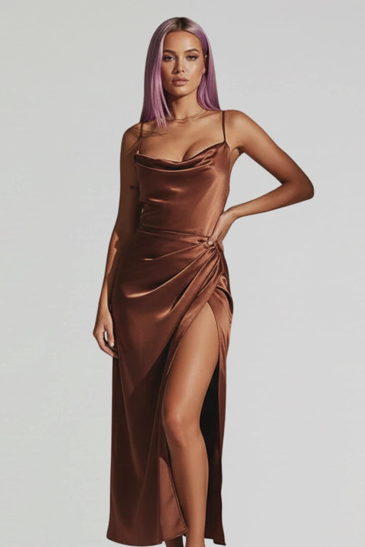 Woman wearing a brown slim strap draped dress - studio photo