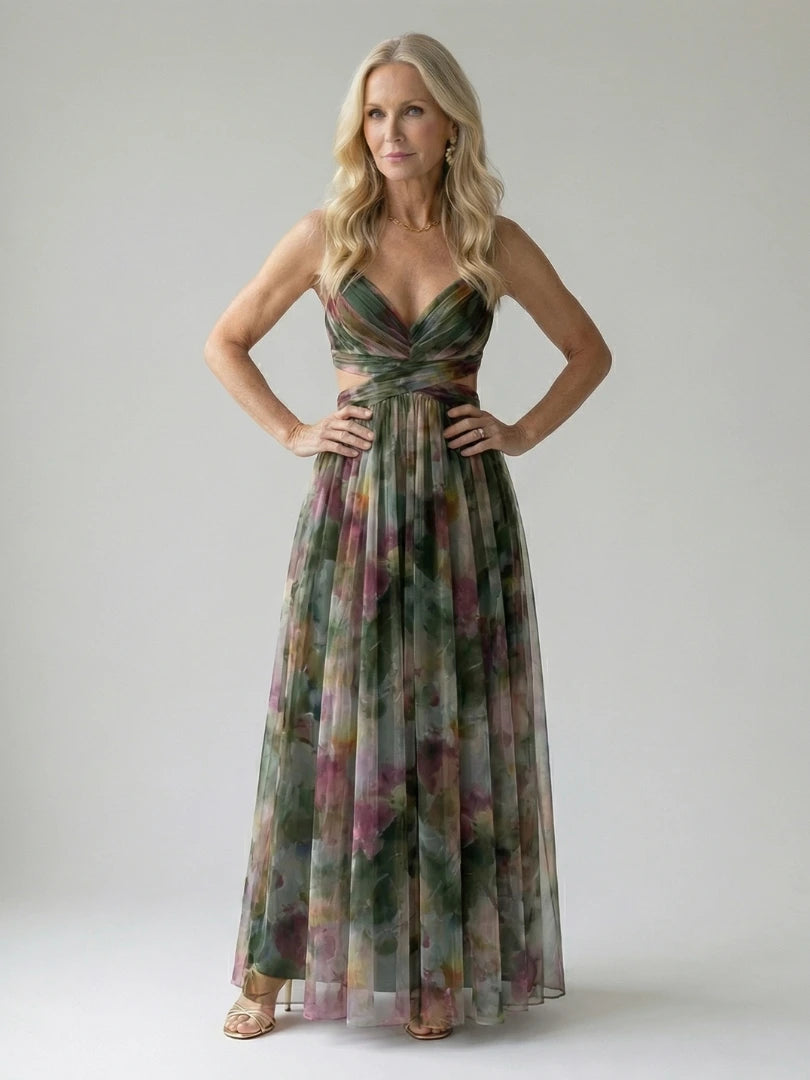 Woman wearing a dark green soft wrap maxi dress - studio photo