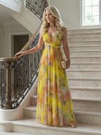 Woman wearing a yellow soft wrap maxi dress - editorial style photo