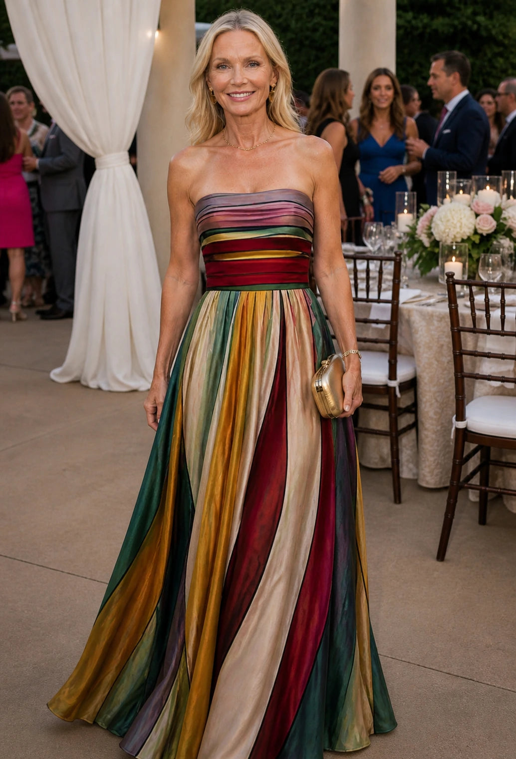 Woman wearing a multi color strapless a-line lightweight dress - editorial style photo