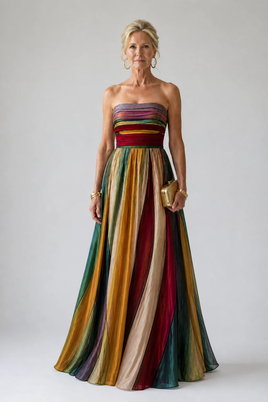 Woman wearing a multi color strapless a-line lightweight dress - editorial style photo