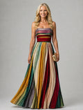 Woman wearing a multi color strapless a-line lightweight dress - editorial style photo