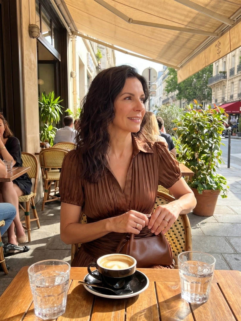 Woman wearing a brown stripe pleated midi dress - lifestyle photo