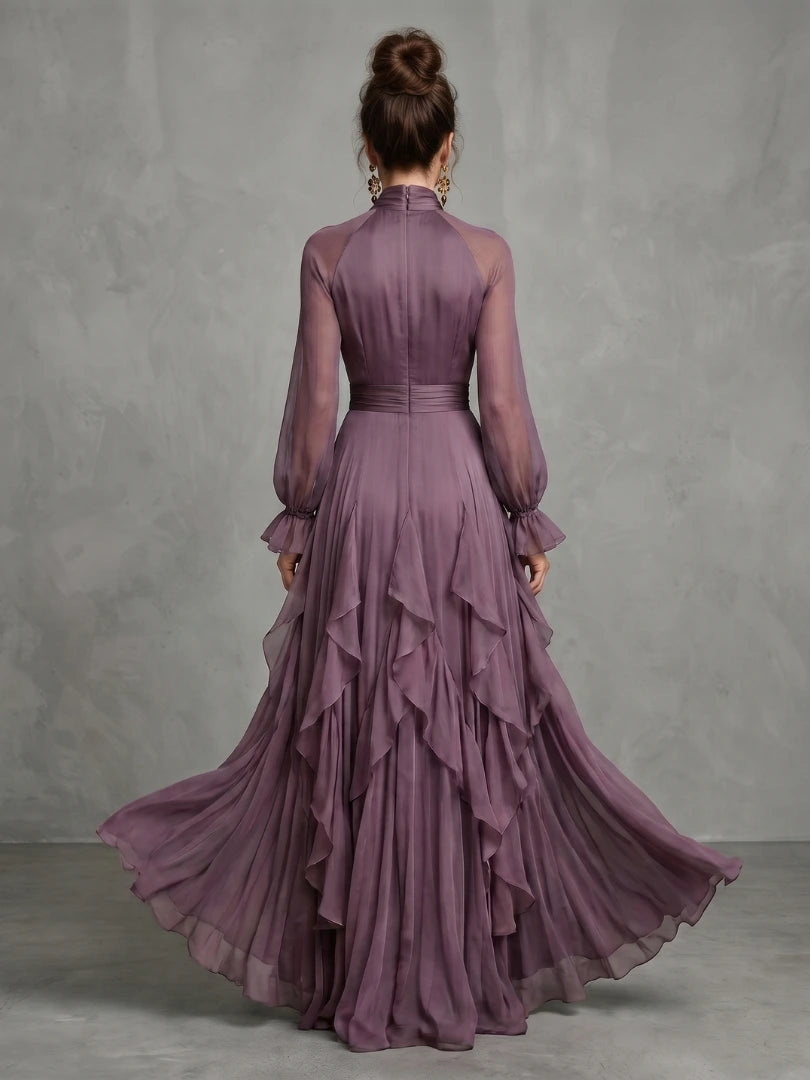 Woman wearing a purple tie neck ruffle tiered maxi dress - editorial style photo