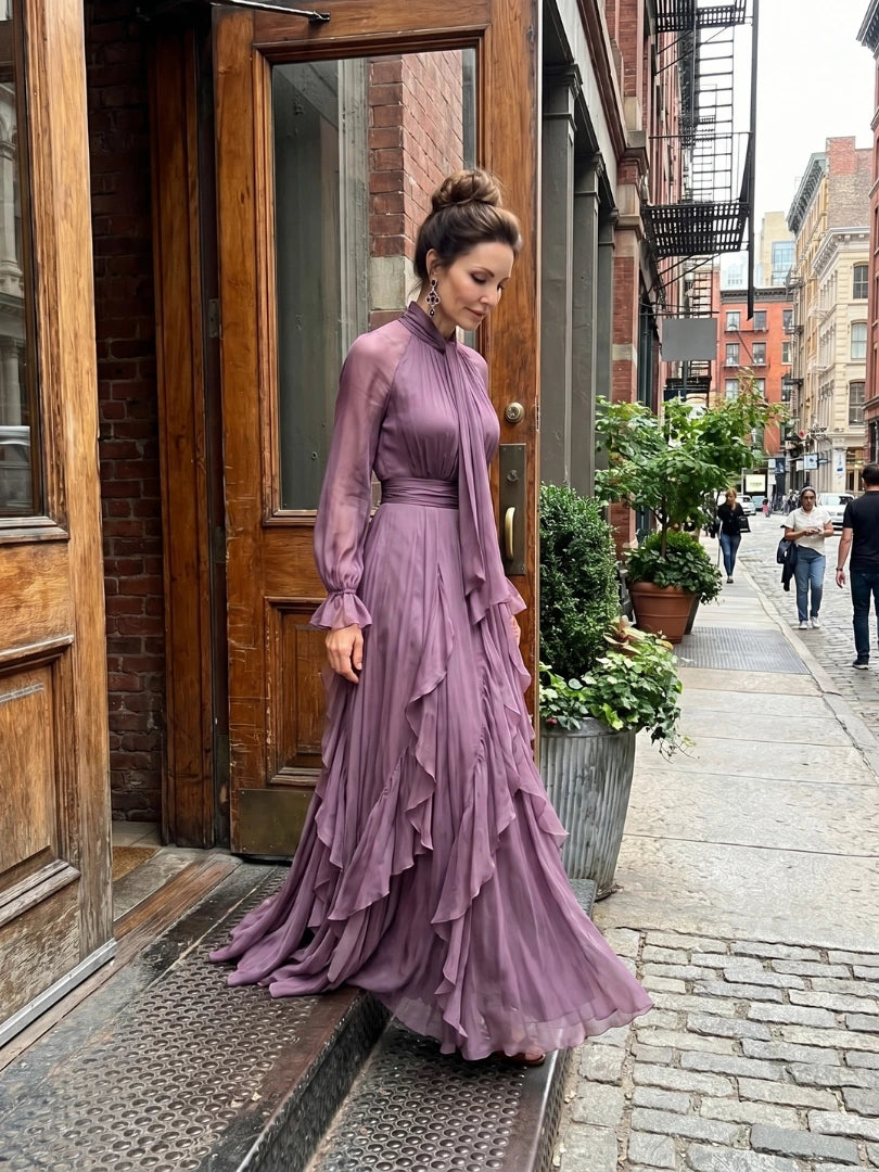 Woman wearing a purple tie neck ruffle tiered maxi dress - editorial style photo