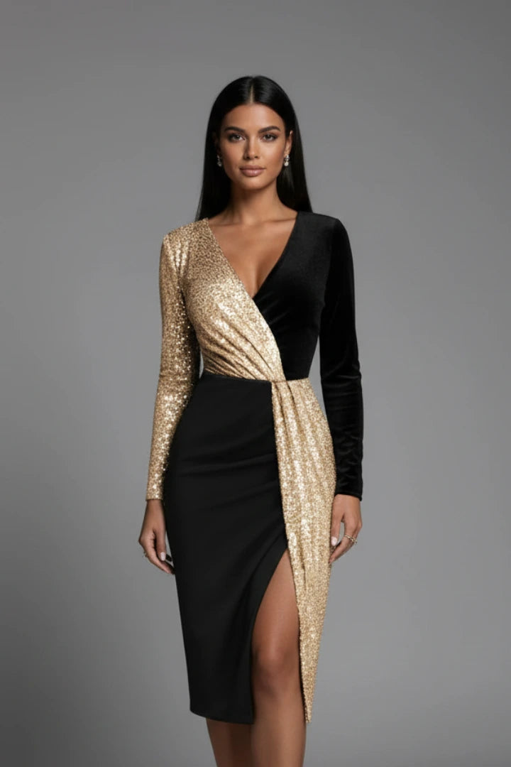 Woman wearing a black v-neck long sleeve dress - studio photo