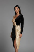 Woman wearing a black v-neck long sleeve dress - studio photo
