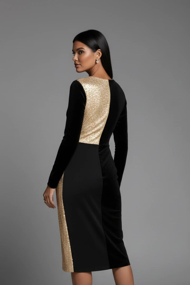 Woman wearing a black v-neck long sleeve dress - studio photo