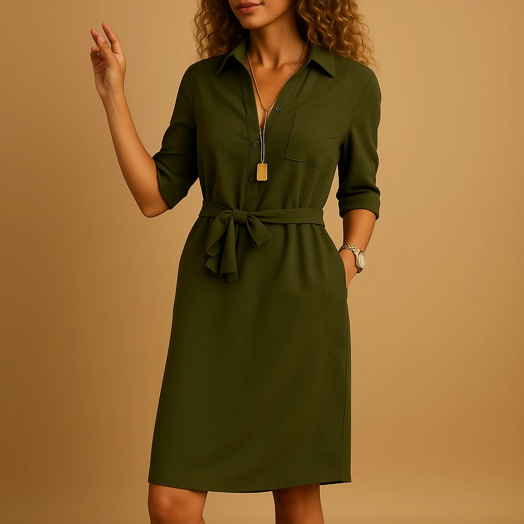 Woman wearing a army green v-neck midi dress - studio photo