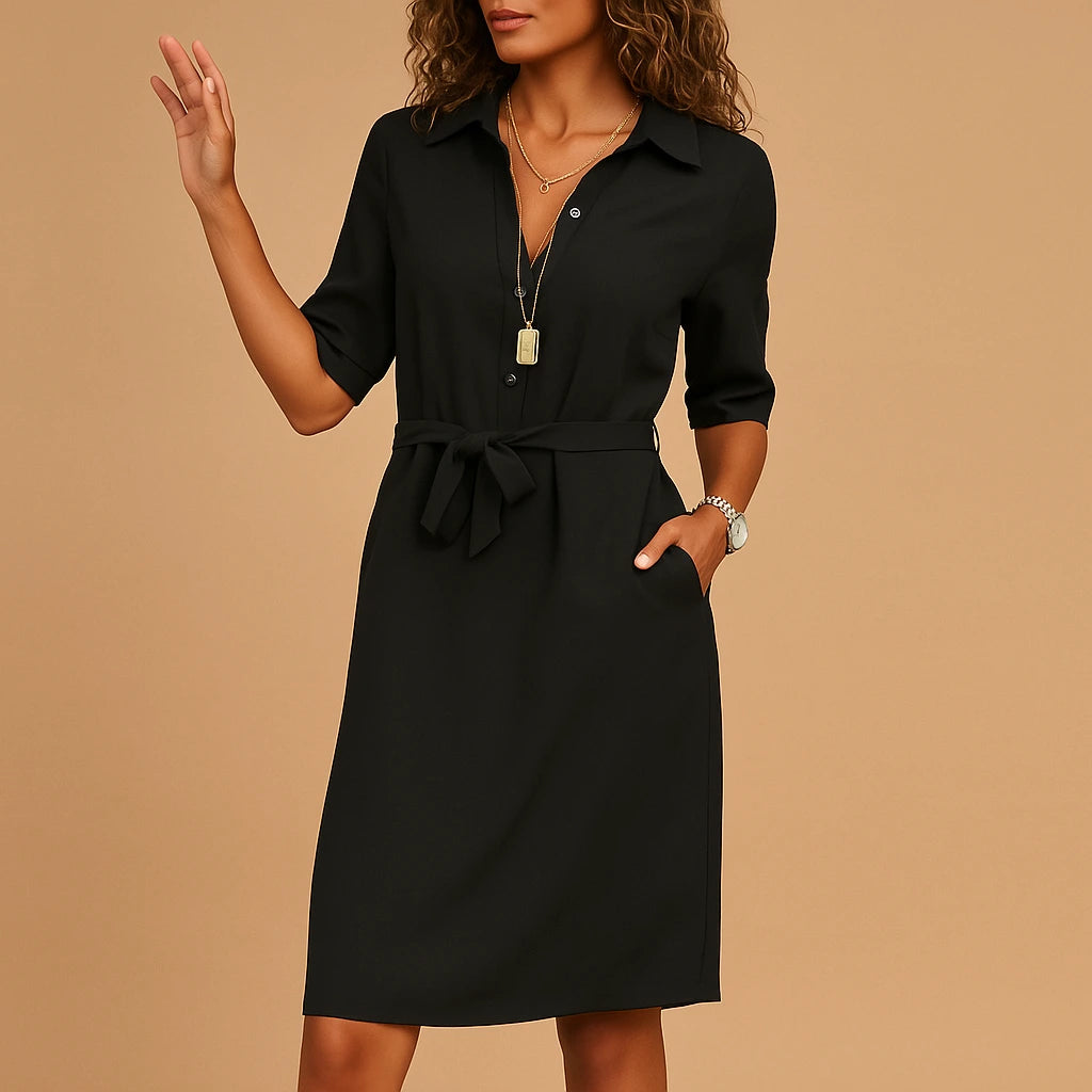 Woman wearing a black v-neck midi dress - studio photo