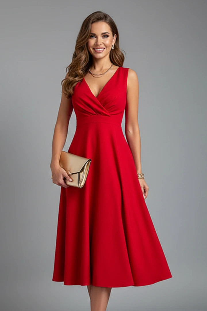Woman wearing a red v-neck zip closure midi dress - studio photo