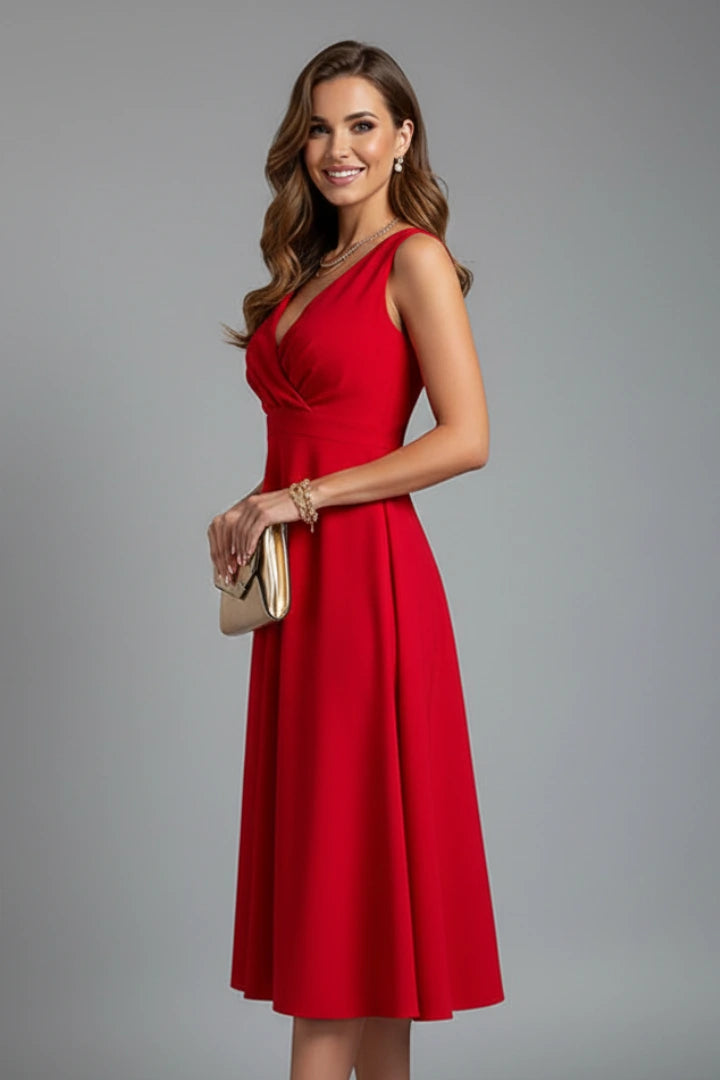 Woman wearing a red v-neck zip closure midi dress - studio photo