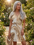 Woman wearing a gold and cream marbled sequin boho dress in a sunlit garden