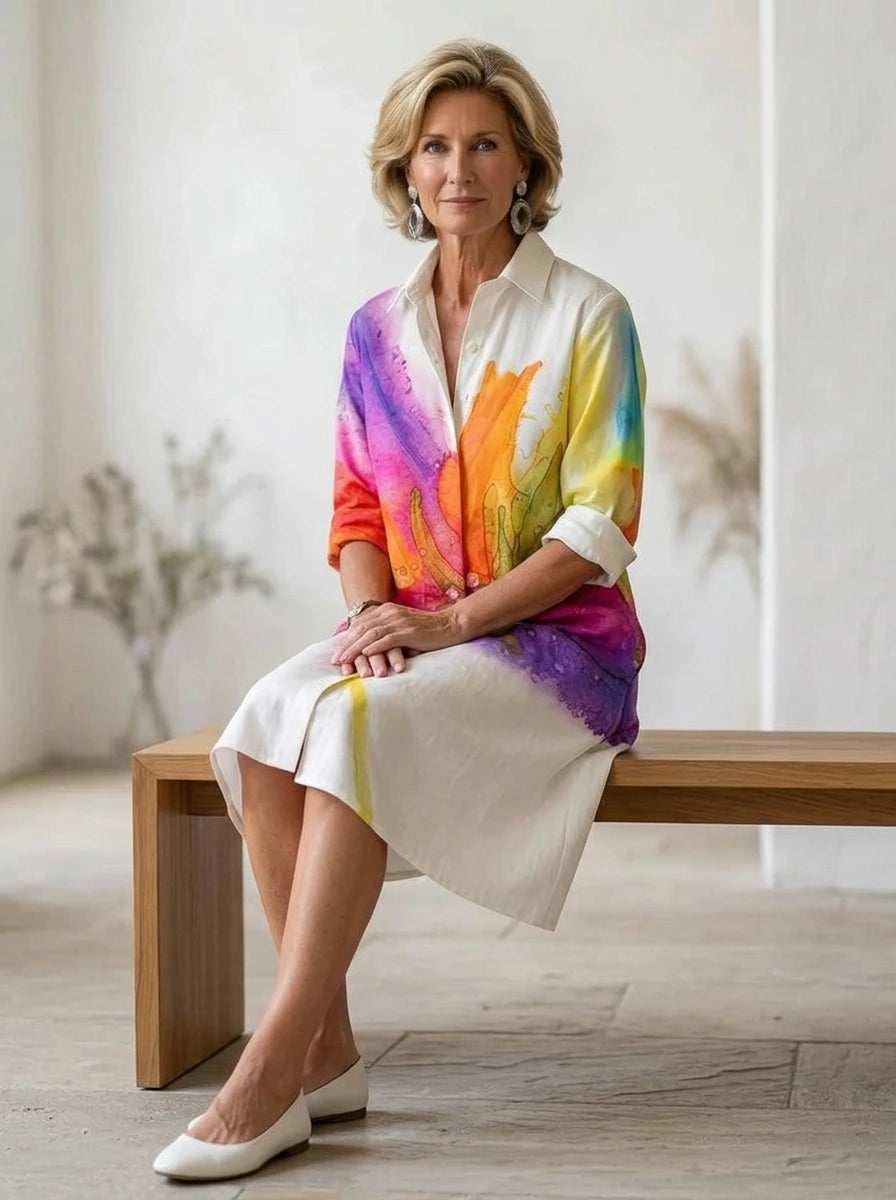 Driftly multicolor floral print collared midi dress with partial button front and rolled cuffs, seated on a bench in a light, airy interior space.