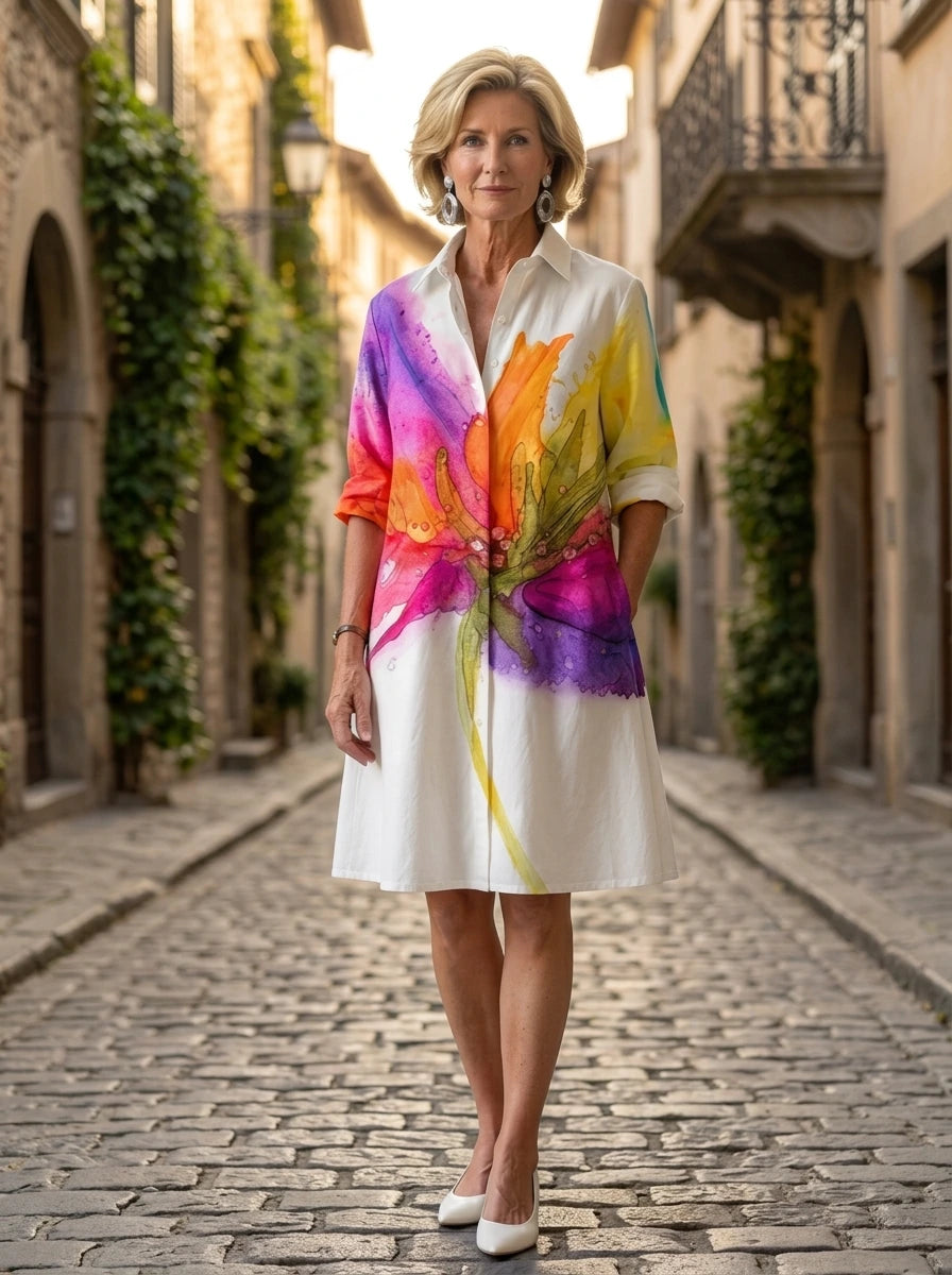 Driftly multicolor floral print collared midi dress with partial button front and rolled cuffs, on a European street at golden hour.