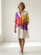 Driftly multicolor floral print collared midi dress with partial button front and rolled cuffs, in a minimalist studio setting with soft window light.