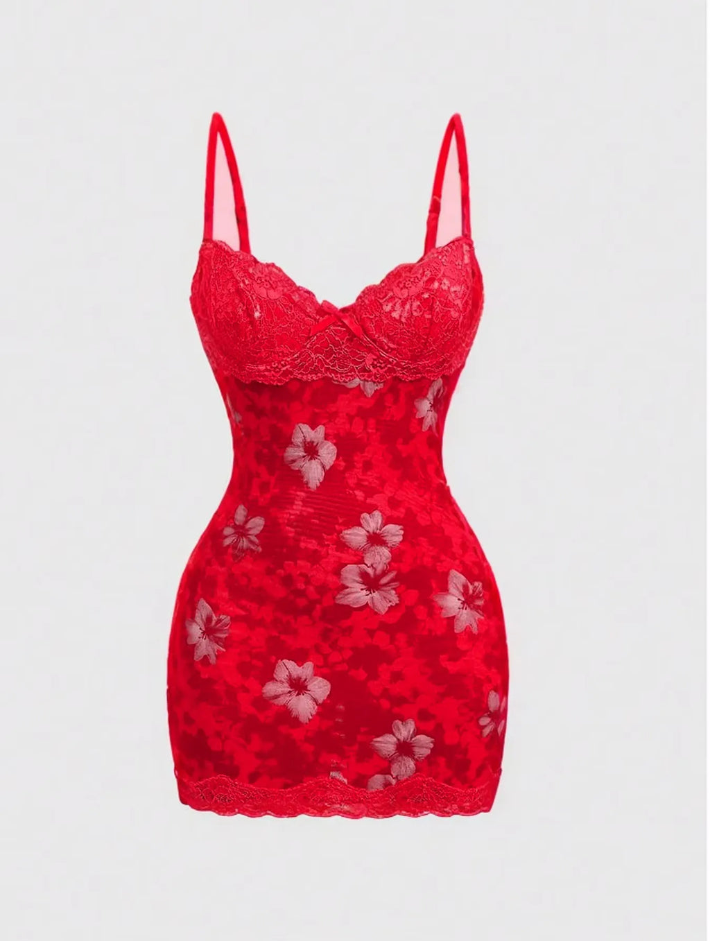 Red lace backless mini dress with spaghetti straps, floral pattern, and high-waisted silhouette.