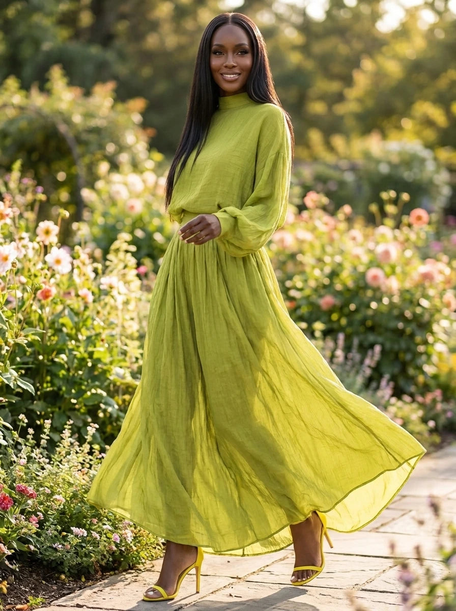 Woman wearing a yellow-green lightweight flowing midi dress, walking in a garden