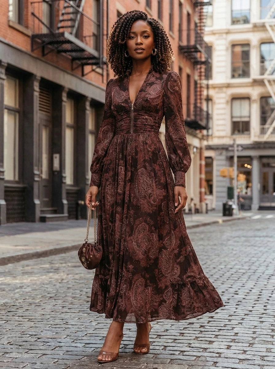 Woman wearing a brown paisley print fitted maxi dress, urban street setting