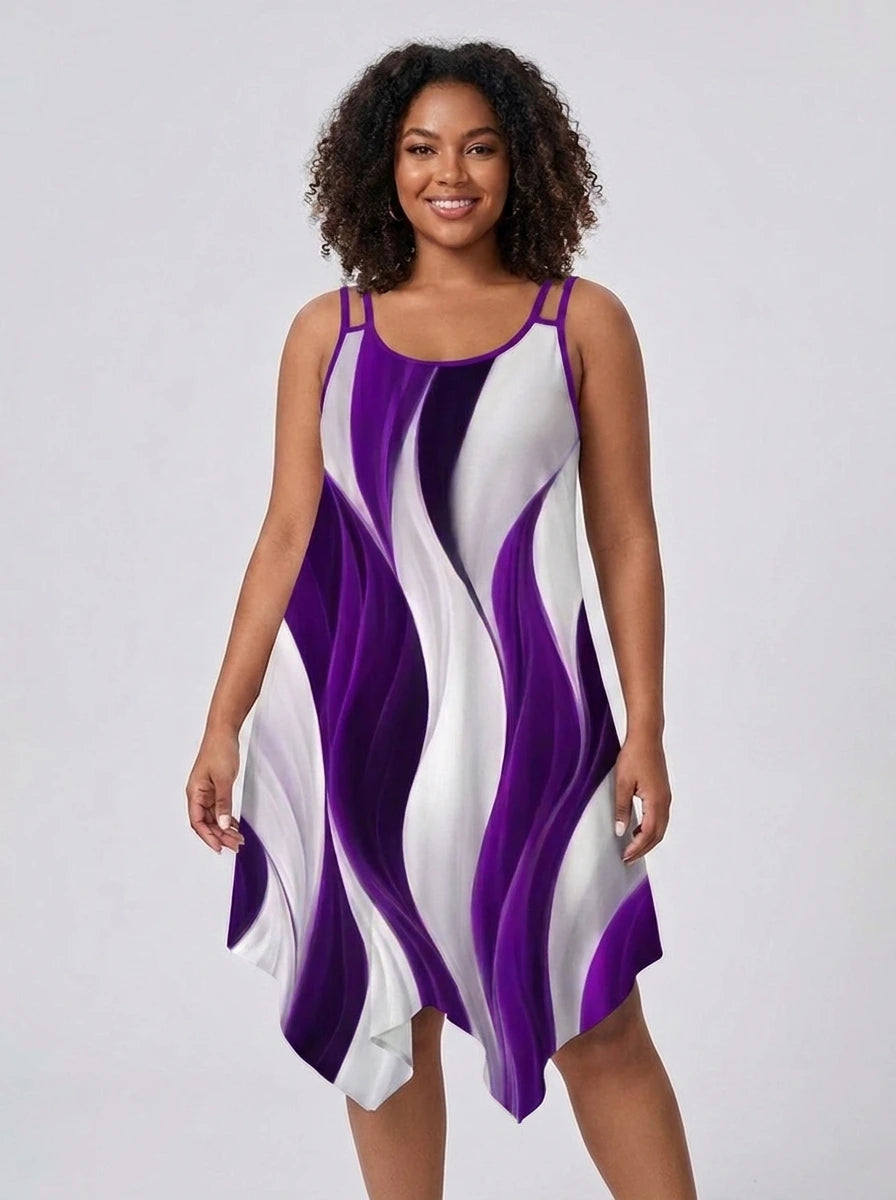 Plus size woman wearing a purple and white geometric print asymmetrical dress in a studio setting