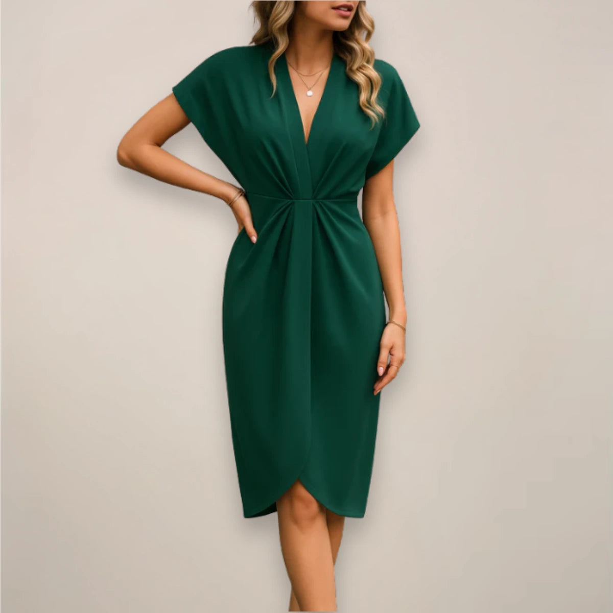 Woman wearing a dark green wrap midi dress - studio photo