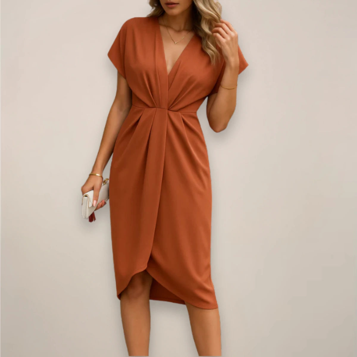Woman wearing a rust wrap midi dress - studio photo