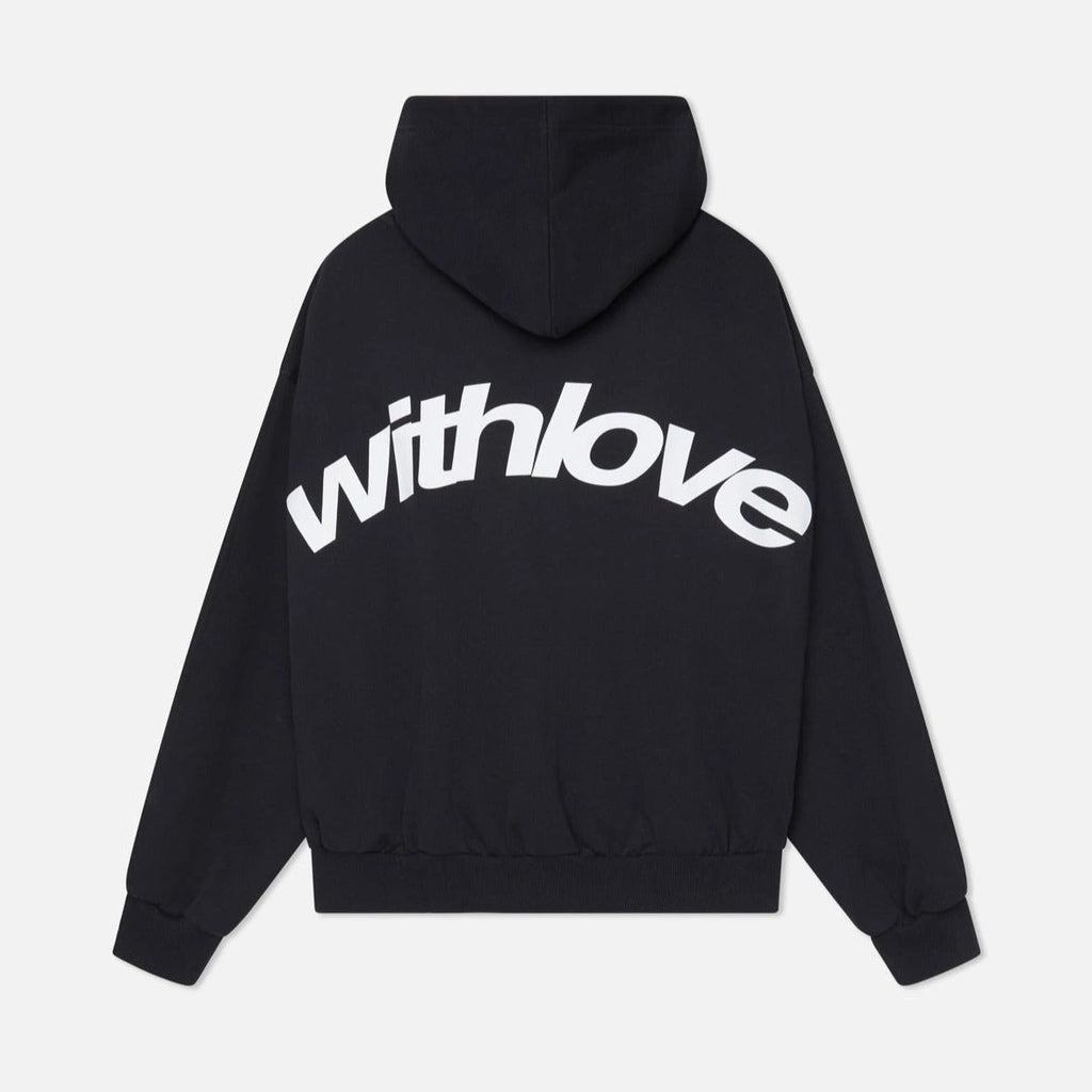 Driftly black oversized love print pullover hoodie on model, back